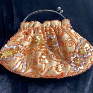 Cute gold & bronze beaded bag with metal handle